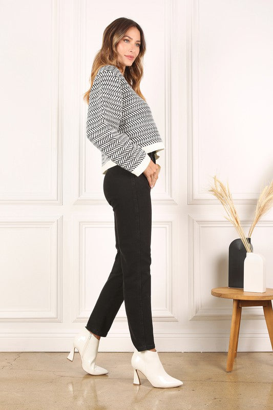 Herringbone Pattern Crew Neck Sweater