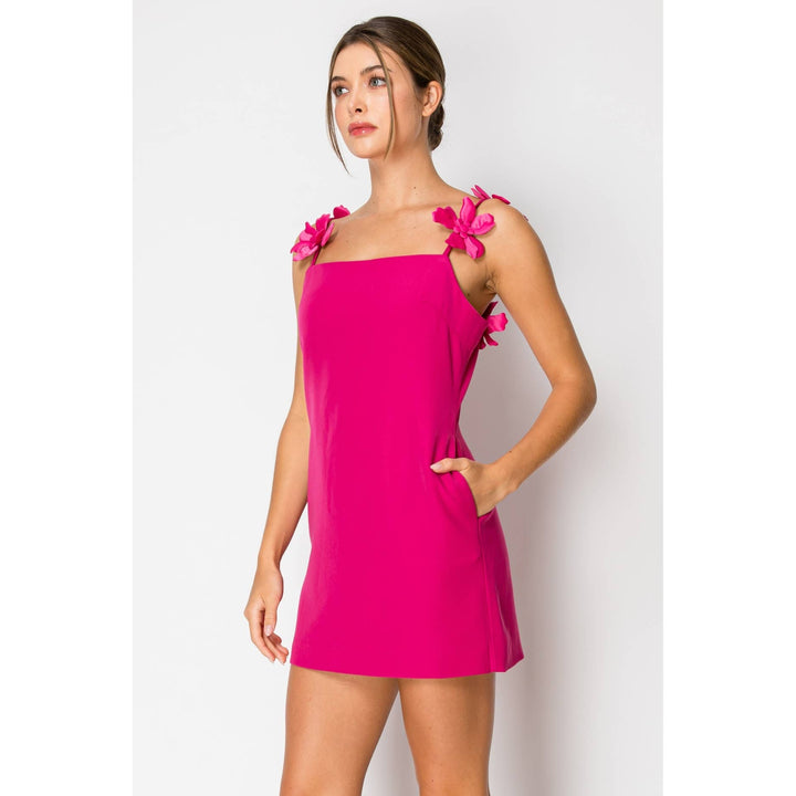 Square Neck Sleeveless Flower Straps Mini Dress: HOT PINK / S