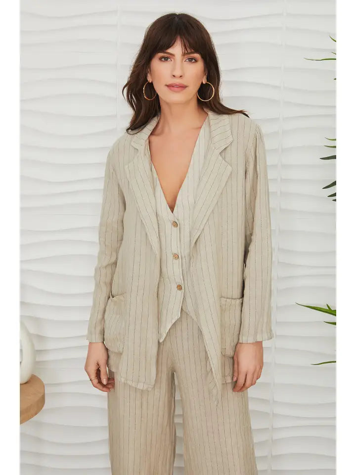 PINSTRIPE LINEN OPEN  BLAZER